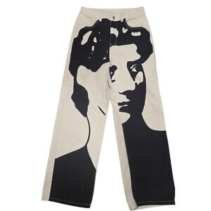 SHEIN MOD Portrait Print Wide Leg Jeans Cream Black Size 28